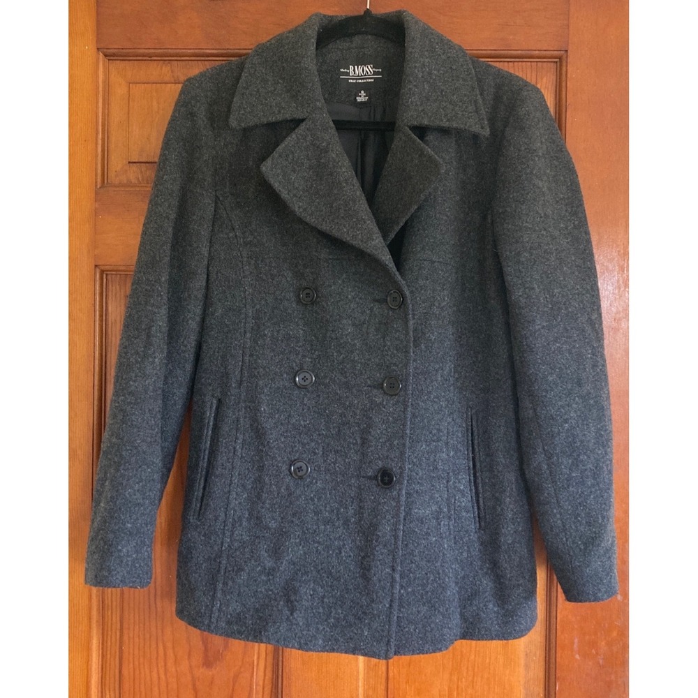 B Moss Womens S Gray Wool Blend Double Breasted Pea Coat Jacket Timeless Classic